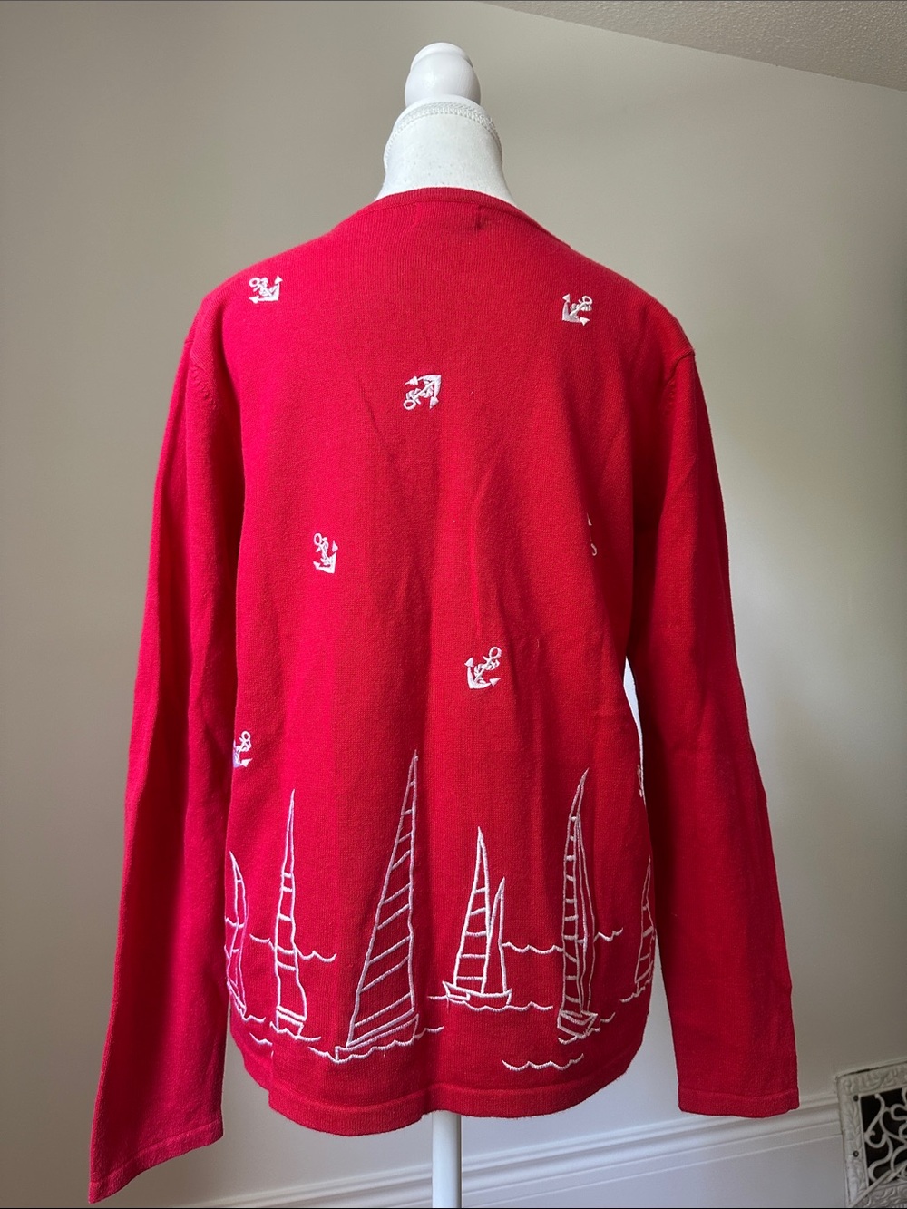 PBJ SPORT Vintage Red Cotton Nautical Sailboat Anchor Theme Cardigan Medium - Picture 3 of 5